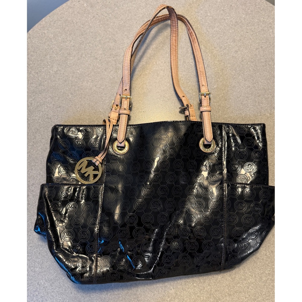 Michael Kors Black Patent Leather Logo Embossed Tote Bag Tan Straps Gold Tone